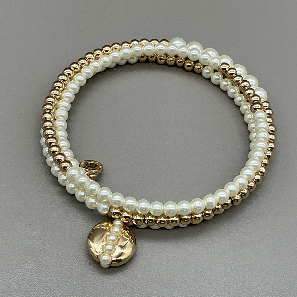 Anne Klein Bracelet Womens Gold Faux Pearl Beaded Stretch Multi Strand Charm